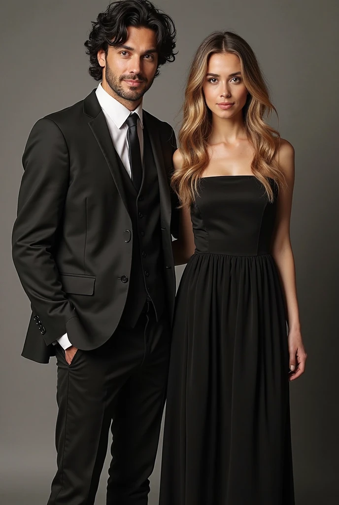 Higher quality , v shaped man in elegant clothes, wearing glasses , a neat cut hair and beside him a short girl in shourlder length hair with a long black elegant dress wearing saint laurant heels