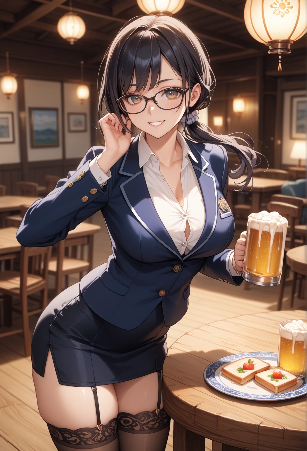 ((highest quality, 8K, table top :1.3)), whole body, sharp focus :1.2, beautiful woman with perfect figure :1.4, thin abs :1.2, ((dark brown hair, big breasts :1.2)), Hanging under the suit:1.1, (View of the city at night, Modern balcony :1.1), Highly detailed face and skin texture, fine eyes, double eyelid,, OL uniform, office wear,, exposed cleavage, (pink pantyhose), (), interior scene, office、A big smile