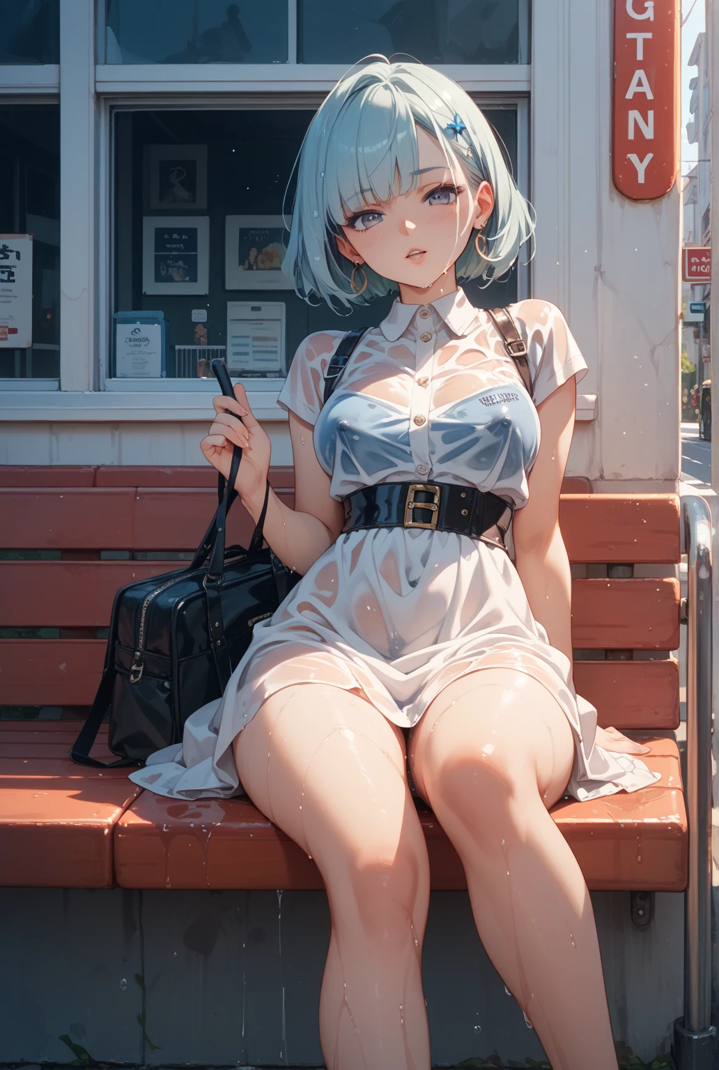 Girly, poor breasts, daytime, cloudy, pink, sitting, white hair, legs open, disheveled, flushed, drooling