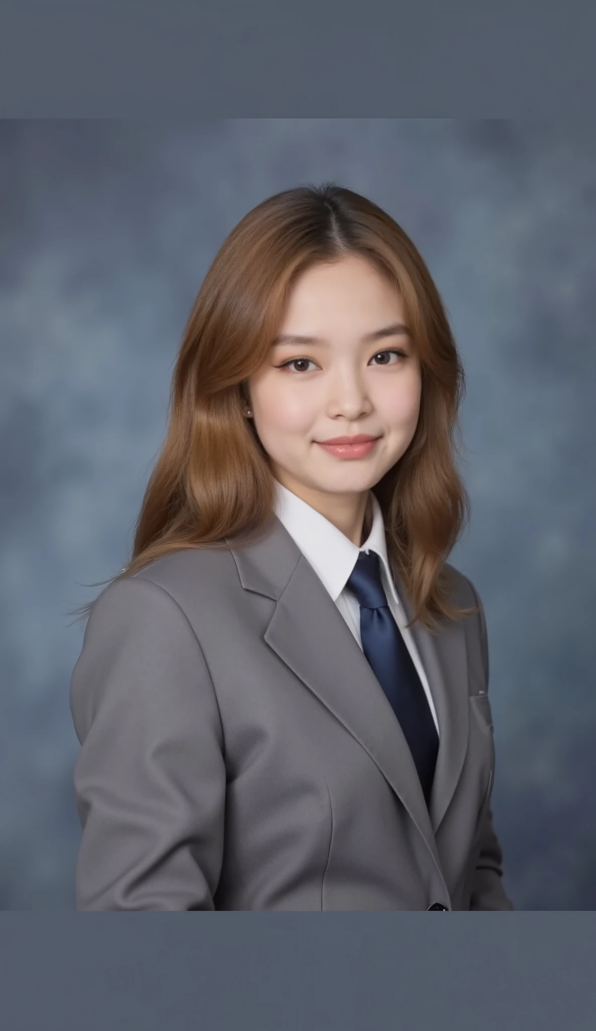 Neat Young Woman、looking at the camera、office lady suit、jacket、shirt、necklace、Ear piercings、smile showing teeth、 pale brown hair、background is office