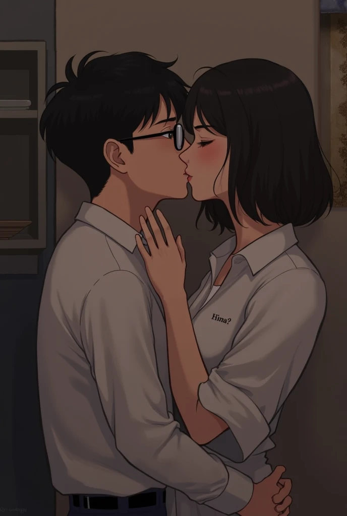Amazing portrait of a sexy teacher wearing a shirt and jeans kissing and making out passionately with her male student in an empty classroom in an intimate setting