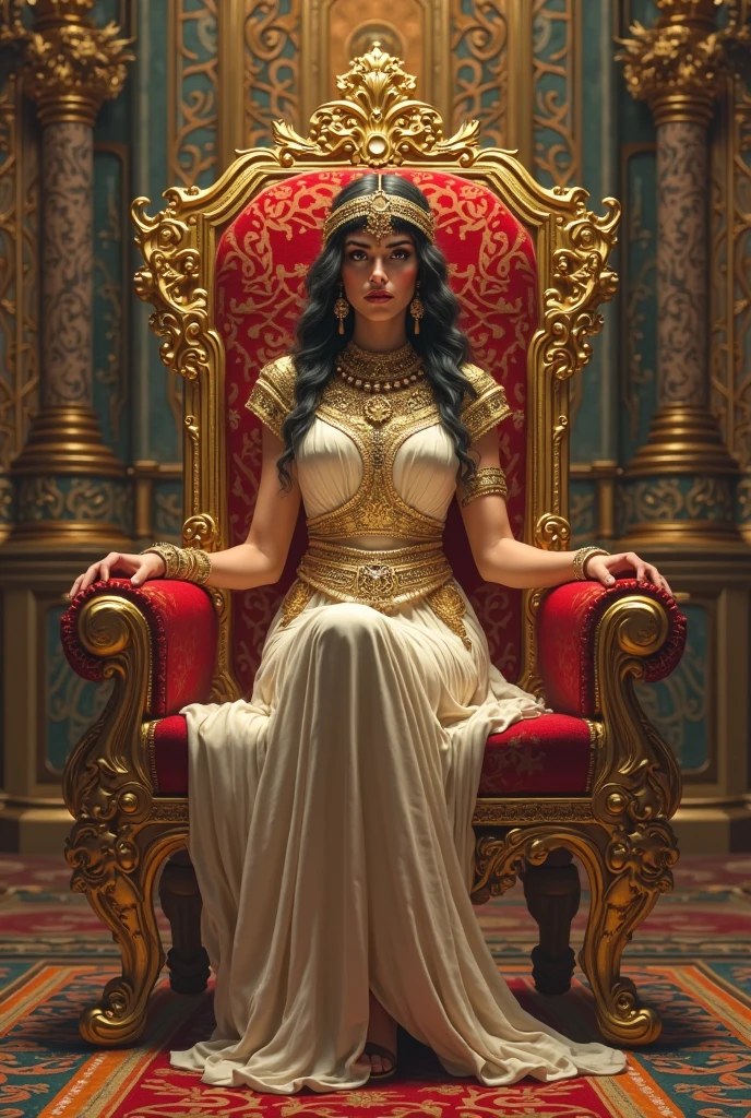Imagine Cleopatra sitting on a throne decorated with gold and precious stones, surrounded by red velvet curtains, with a golden crown and shining jewels. She could be in a majestic posture, holding a scepter, with the flamingo and the hummingbird nearby, perhaps represented in a mural or as details on their clothing. Add elements like golden chandeliers and crystal glasses in the background to reinforce the feeling of opulence.