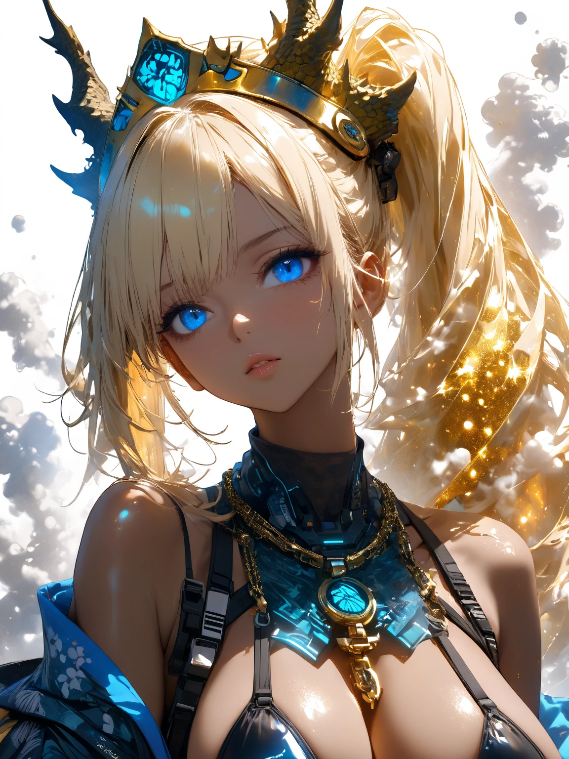 (masterpiece, best quality, ultra-detailed, best shadow), (detailed background,dark fantasy), (beautiful detailed face), high contrast, (best illumination, an extremely delicate and beautiful), ((cinematic light)), colorful, hyper detail, dramatic light, intricate details, (1girl, solo, yellow hair, sharp face,blue eyes, hair between eyes,dynamic angle), blood splatter, swirling black light around the character, depth of field,black light particles,(broken glass),magic circle,white bikini