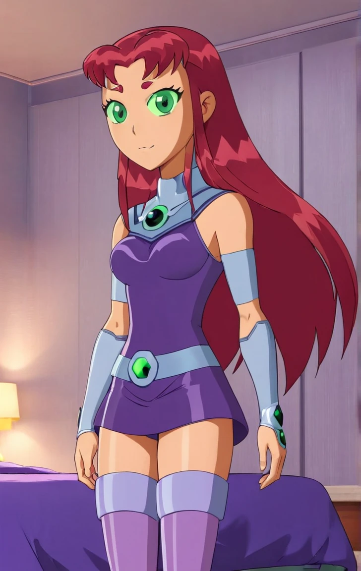 starfire, anime, standing, curvy, smile, ,micro bikini, cleavage