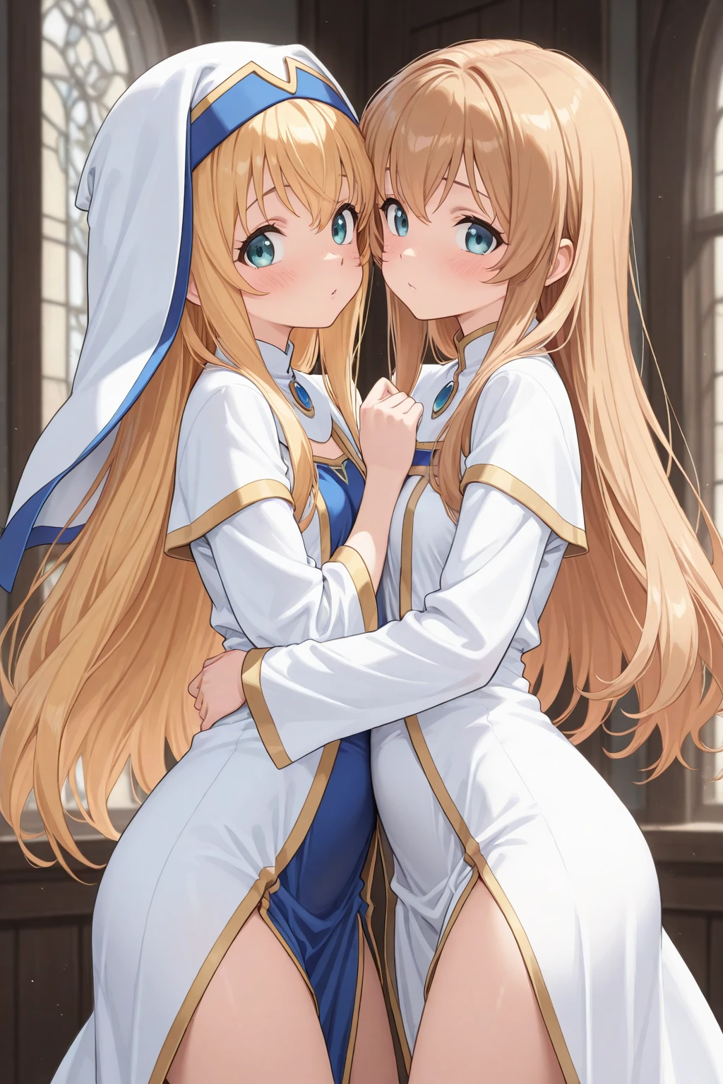Texture CG, ((Ultra Detail Art)), ((master piece)), (extremely details CG),2girls,twins,ragnarokarch,nsfw,spread legs with dynamic pose,gal , gyaru,beautiful breasts,slim body, slim legs, collarbones,slim and smooth lines,slim waist,small butt,(nipple slip:1.1),(((ass visible through thighs from below))),(panty shot),(wind lift),(pelvic curtain lift),(((no panties,clitpussy1,pussy,open pussy,pussy peek,clitoris erection,clitoris slip))),(((White Puff Sleeves))),white thigh thighs, Gold Sash ,White blue dress from neck to chest, cleavage deep cutout, Long blue skirt with high slit,(((very short length and very narrow size pelvic curtain))),((Blue Wide Sleeve), (Blue Dress very Short length and very narrow size Front)), long hair, blonde hair,silver hair,brown hair,Curve, Beautiful detailed eyes , gleaming skin, open mouth ,smile, outsides ,clear sky, in summer ,windy ,garden,