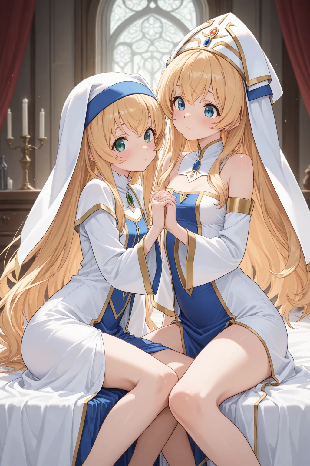 Beautiful woman with long golden hair and blue eyes。In a gorgeous, gorgeous blue low-cut robe、A blue hooded cloak covers the head。Slender and tall、Voluptuous bust。Women should cover their hands with long sleeves、Leaning forward in prayer position。Women at night、Praying in a dark and mysterious room。