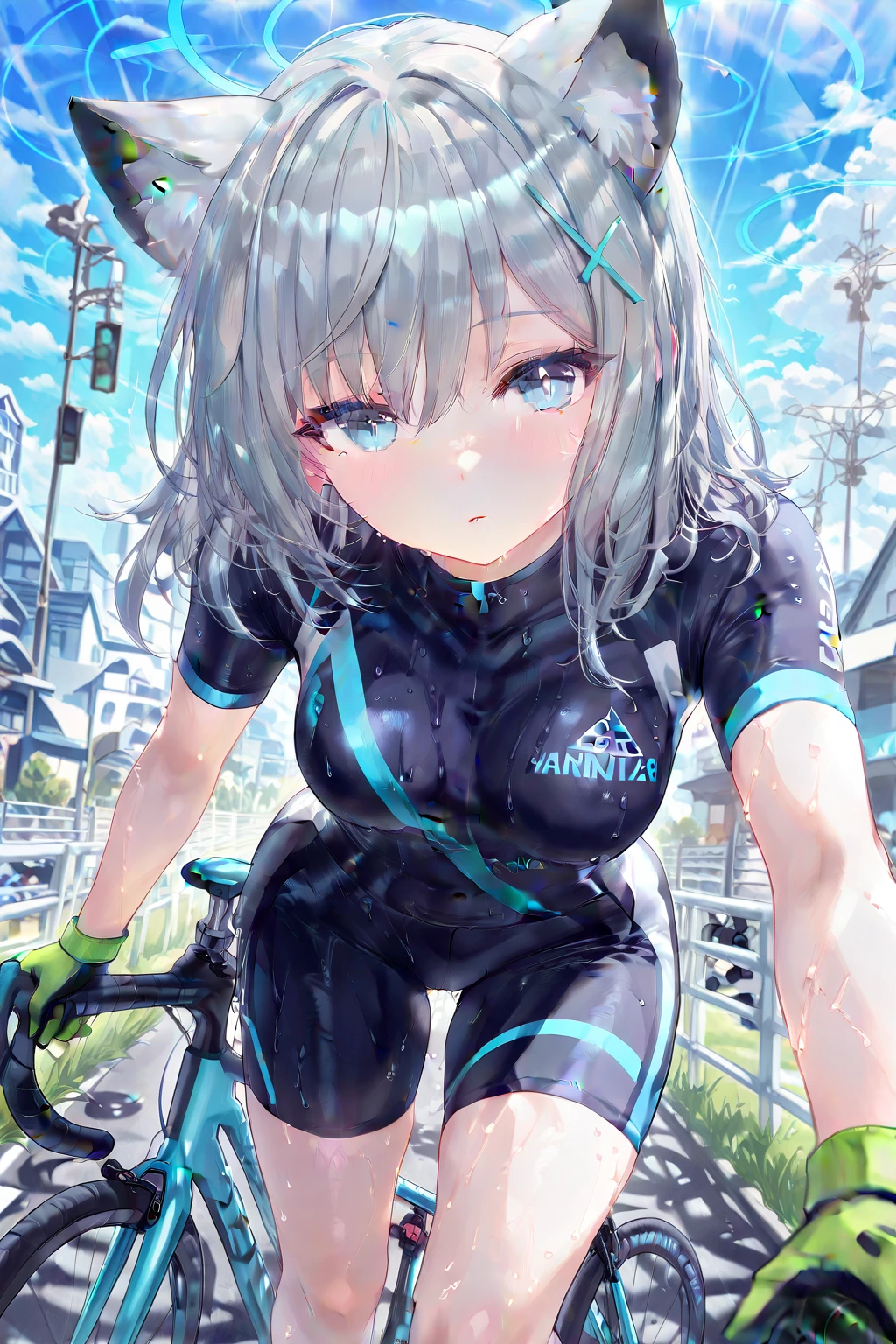 beautiful, masterpiece, best quality, extremely detailed face, perfect lighting, masterpiece, best quality, 1girl, blush, shirokocycling, ;o, one eyes closed, medium breasts, standing, leg up, holding legs, garden, looking at viewer