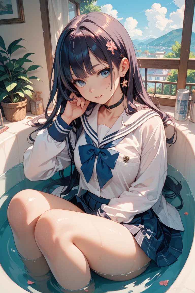 A girl，Lying in the bathtub，Bath，twintails，Long hair，Black Hair，((transparent))，Towering breasts，Sailor Suit，Slim waist，Showing belly，Smooth legs，blush，Pull up your skirt with both hands，See the pubic bone，Wet clothes，A very large bathtub，
