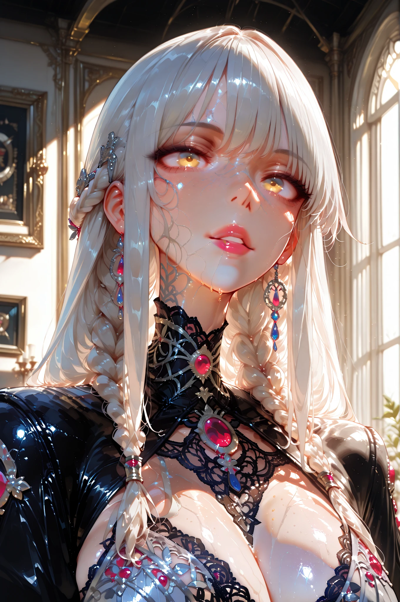 masterpiece, best quality, Extremely detailed, lightning, Intricate details, high resolution, Official Art, Delicate and beautiful face and eyes, high resolution illustration, 8k, Depth of Field, bokeh, Solitary, 1 Girl, Girl with white hair and red eyes, Long white hair, Beautiful red eyes, Beautiful scenery, rainy city, Upper Body, Looking at the audience, close up