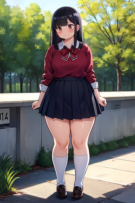 ((kipteitei art)), ((masterpiece)), (((best quality))), ((ultra-detailed)), (((illustration))), detailed face, ultra cute face, detailed body, ((1girl)), ((solo)), ((Rin Tohsaka)), aqua eyes, black hair, hair ribbon, long hair, ribbon, sidelocks, black thighhighs, long sleeves, miniskirt, pleated skirt, red sweater, skirt, ((undersized skirt)), sweater, turtleneck, looking at viewer, cowboy shot, hand on hip, tsundere, blush, (small breasts), perky breasts, ((wide hips)), (((thick thighs))), (thicc), walking down the street, town,