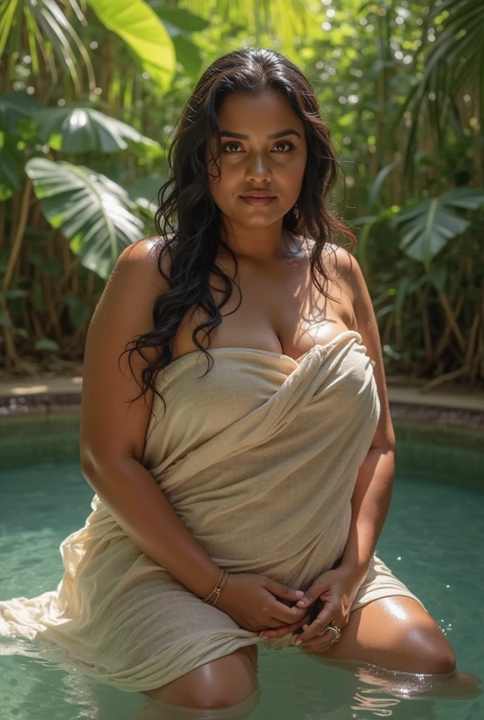 Indian cute BBWs women 40 years old marriage life like, high - resolution women with a perfect figure Super fine face and eyes, slong hair, small Tank top white Colour bikini, Wearing a traditional saree, bulky figure, huge big extra large and full chubby body, looking front, fair complexion, pond backgrounds. Hung breast, Plus size model, 4k, 8k,