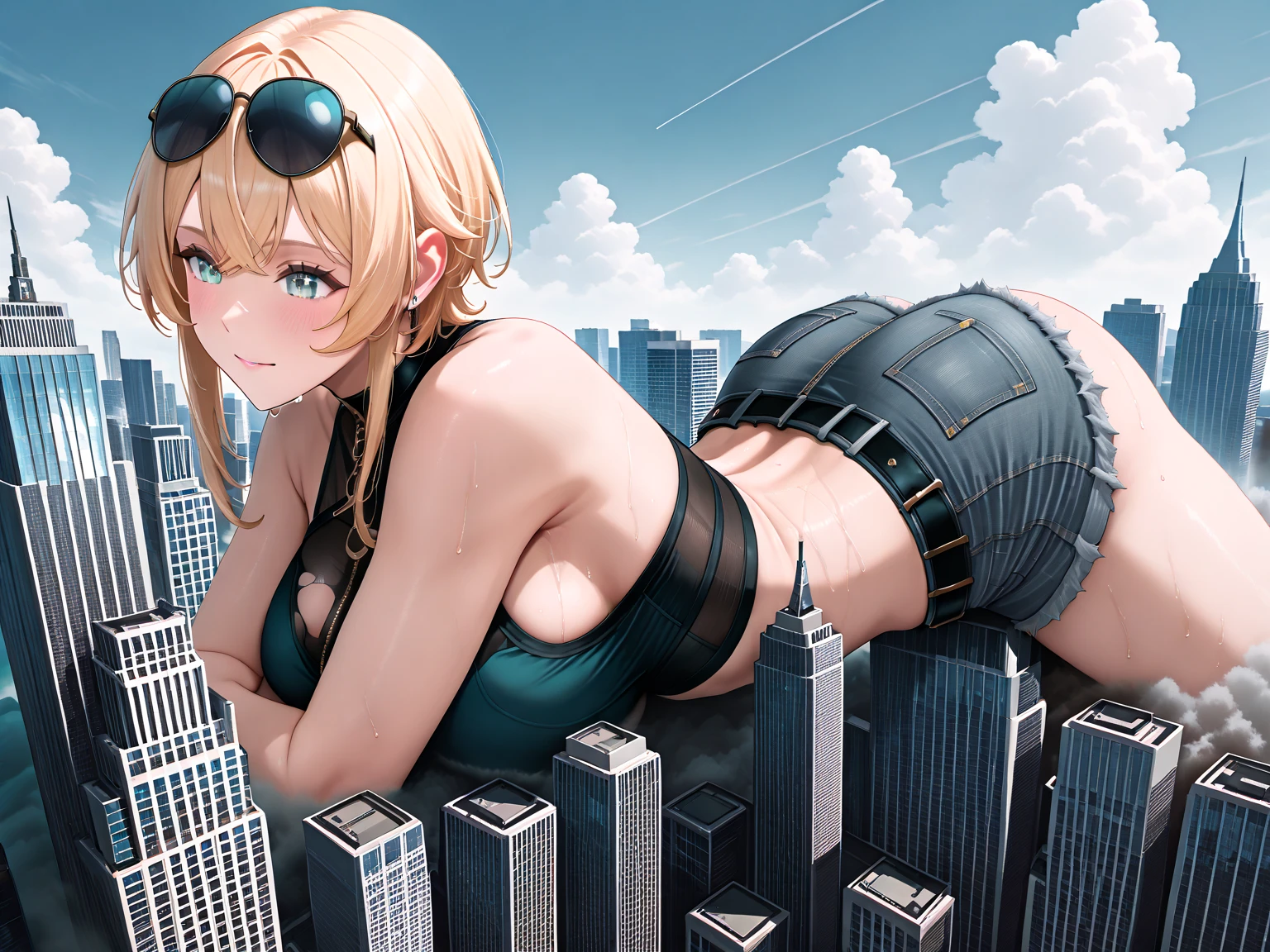 Giantess with firm , long sexy legs, yellow hair and in a bikini is lying on the ground, while the city at her feet burns in flames for the destruction she has caused, while the tiny people climb on her body to try to defeat her uselessly. Giantess, goddess, macrophilia, curvaceous body, hentai, fetish, sexy legs, bikini, high heels, high quality