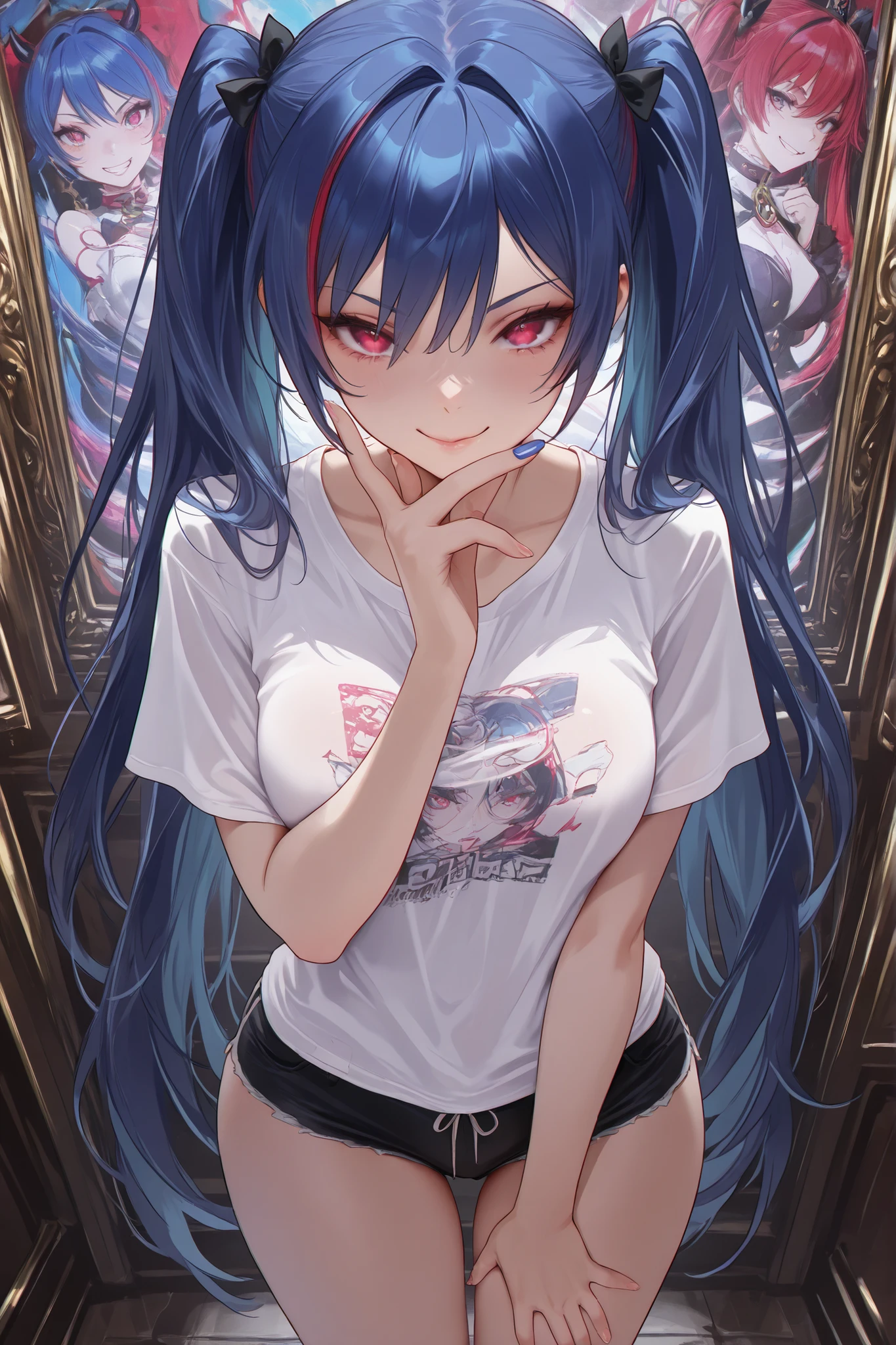 Dratena Belbury , masterpiece , best quality , amazing quality , 1girl , NSFW , chromatic aberration , very long hair, Red eyes, twintails , breasts, Art exhibition, top view, many paintings, sly expression, sly smile, blue marker in hand, white T-shirt, Short shorts, red streaked hair , blue hair, middle breasts, extremely detailed face , detailed eyes , Greatest Masterpiece , TOP QUALITY , 8k ,