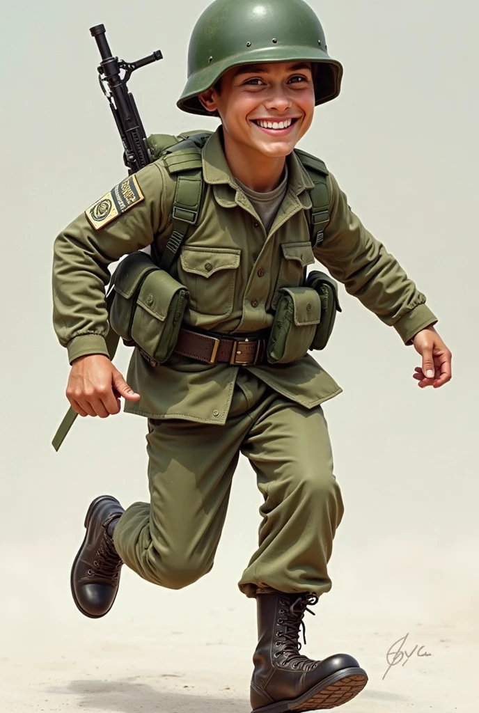 Cute brown boy wearing khaki army camouflage uniform in full body realistic style fashion show