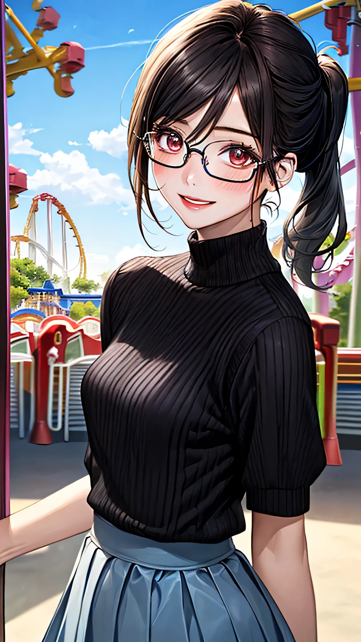 oval_metal, glasses,red-framed,black ponytail,1girl,girly clothes,shiny eyes,looking at viewer,blush,happy,amusement park<lora:oval_glasses_metal-frame1_SDXL_V1:0.7>, masterpiece,ultra detailed,best quality  <lora:XDetail_light:1>