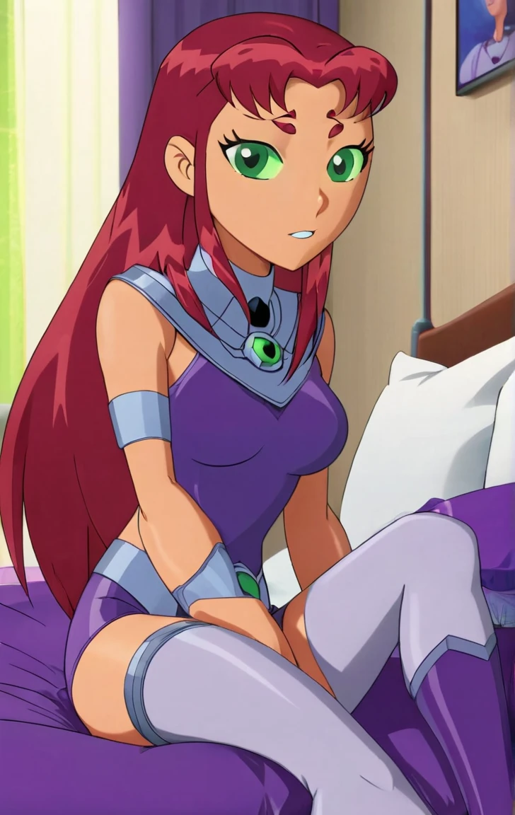 work of art, best qualityer, 1 girl, starfire, Red hair, long hair, greeneyes, orange peel, maid outfit, Kneeling, Stockings, looking ahead at viewer, Alone, indoors in bed showing her beautiful breasts, bedroom background sexy pose , agora de micro biquíni mais pequeno possível 😸o ela usa na cama mostrando seus seios, artificial intelligence where is the smallest micro bikini in????? The ones without clothes lying in bed showing everything to the neighbor in the window looking at her,and with shame afterwards I saw the neighbor looking at her naked in bed