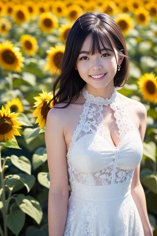 One person, High resolution, smile, chest, Shortcuts,White dress,Sunflower field
