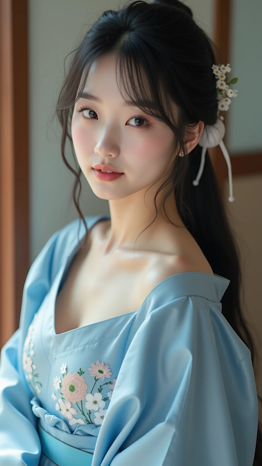 There is a woman posing for a photo in Hanfu, (Exposing a large:1.3), Long bangs, (eyes with brightness:1.2), with acient chinese clothes, Japanese clothes, Wearing ancient Chinese clothes, Palace ， A girl in Hanfu, Traditional Chinese clothing, pale and coloured kimono, Chinese costume, traditional geisha clothing