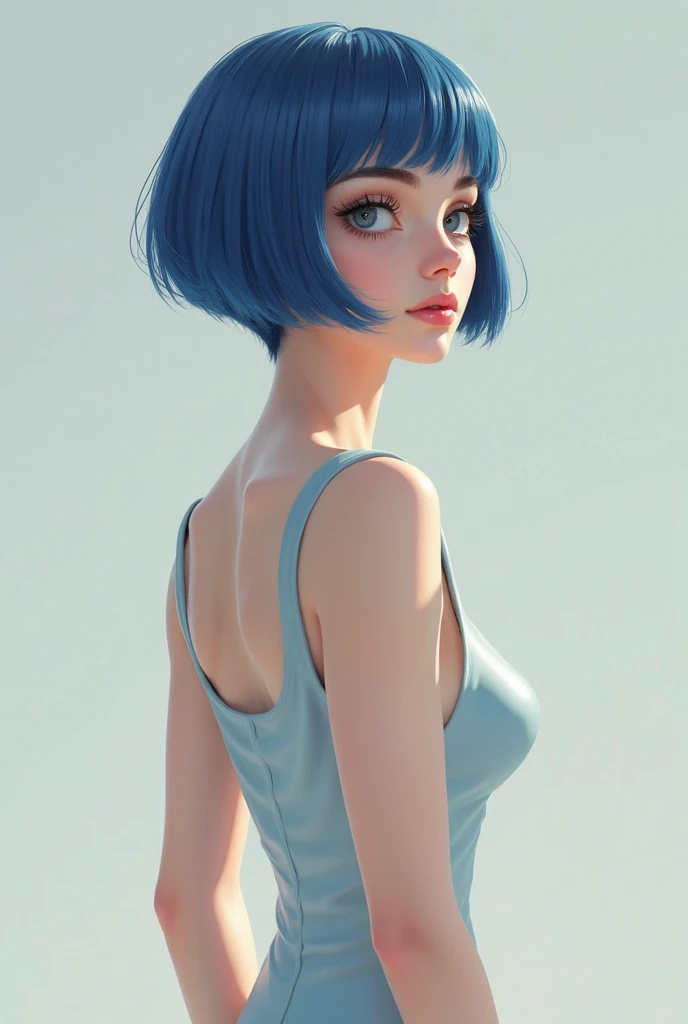 (Highest quality, 8k, 32K, masterpiece, Ultra-high resolution:1.2),Cute 18-year-old American woman image, Large Breasts, Very short bob hair,Full Body Shot,(skirt,1.1) necklace, background, View your viewers,Model pose, (((Silver streaks in blue hair))), (((Bright light blue eyes))) (((Award-winning details)) ((The atmosphere of the Disney movie Descendants)))