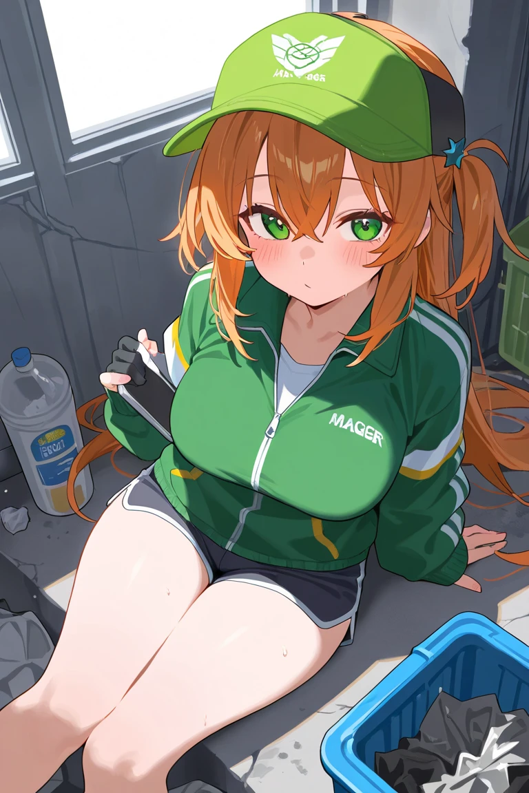 Woman doing muscle training, Elf Ears, Training Gym, Highest quality, Best image quality,Perfect Anatomy,masterpiece,Ultra-detailed,beautiful,super high quality, Highest quality,High resolution, Very detailed,Game CG,Dutch Angle ,beautiful細部までこだわった目,Visual Arts,Five Fingers, Perfect hands,Hide your hands, {{{One Girl}}}, beautiful詳細な女の子, Game CG, One curl on the outside, Short Bob Hair, Pastel orange hair, Purple eyes, breast enhancement, Medium Shoot, woman, Take-out, Laughter, huge , Pastel green training wear, sportswear, {{{{{Wearing a pastel green cap}}}}},Open your mouth, wonderful, beautiful細部までこだわった目, Highest quality, Very delicate,Masseter muscle area,Highest quality,(Official Art、Highest quality、Unity 8k wallpaper、32K、masterpiece、Ultra-detailed、超High resolution、Realistic、Photorealistic:1.2)、(Cinema Lighting:1.2)、Fire Glow Effect、The most grainy shadows on the film、Side light、Side Shot、(Ultra-detailedで複雑な3Dレンダリング)、Atelier Series,