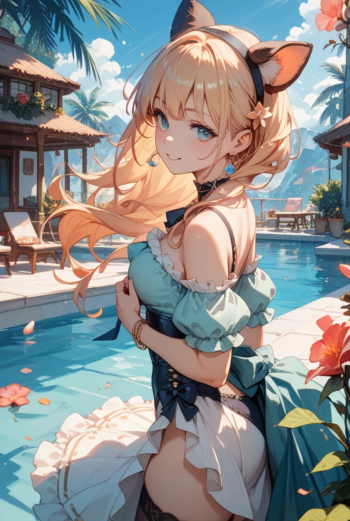 Ultra-realistic 8K CG, masterpiece, best quality, a beautiful blonde girl, solo, captivating, long golden hair cascading down her back, sans bangs, piercing blue eyes framed by finely shaped eyebrows, a delicate face with rosy cheeks, wearing a summer dress with flowers adorning it, standing at the edge of a clear blue lake with rays of sunlight reflecting off the water, a gentle smile on her lips, and a sense of peace and serenity emanating from her being. The surrounding landscape is alive with lush greenery and vibrant colors, with the sun casting long shadows that accentuate her feminine form, creating a balanced