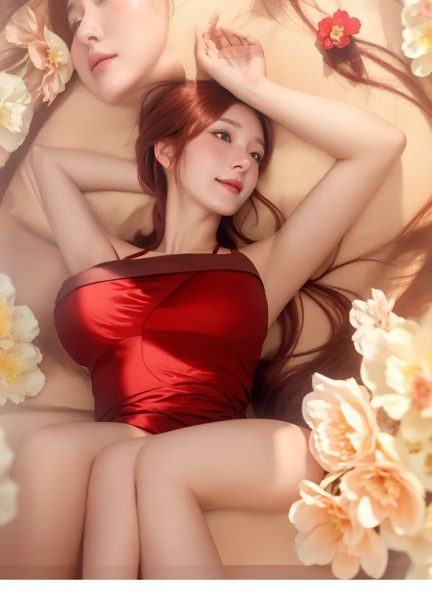 (masterpiece, best quality), photorealistic, cinematic, 1 girl, full-body shot, head to toe visibility, perfect anatomy, curvaceous body, alluring, perfect eyes, perfect hands, medium-sized breasts, round ass, long round legs, in peaceful slumber, ((the woman with fiery red hair sleeps serenely:1.5)), ((her hair cascades over the pillow like waves of autumn leaves:1.5)), adding a touch of warmth to the scene, she's adorned in a delicate nightgown, its fabric as red as the richest roses, a pattern of intricate golden vines dances across the fabric, intertwining like a secret garden, a plush blanket drapes gently over her, its hue a deep and calming burgundy, creating a soothing contrast with her vibrant hair