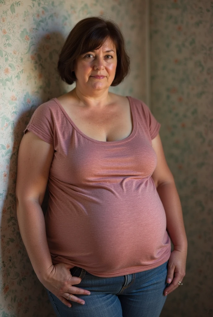 realist photo, middle age woman, fat body, social clothes, 3x4 ophoto, overwheight face, serious expressios, professional portrair , stillness, face foward.