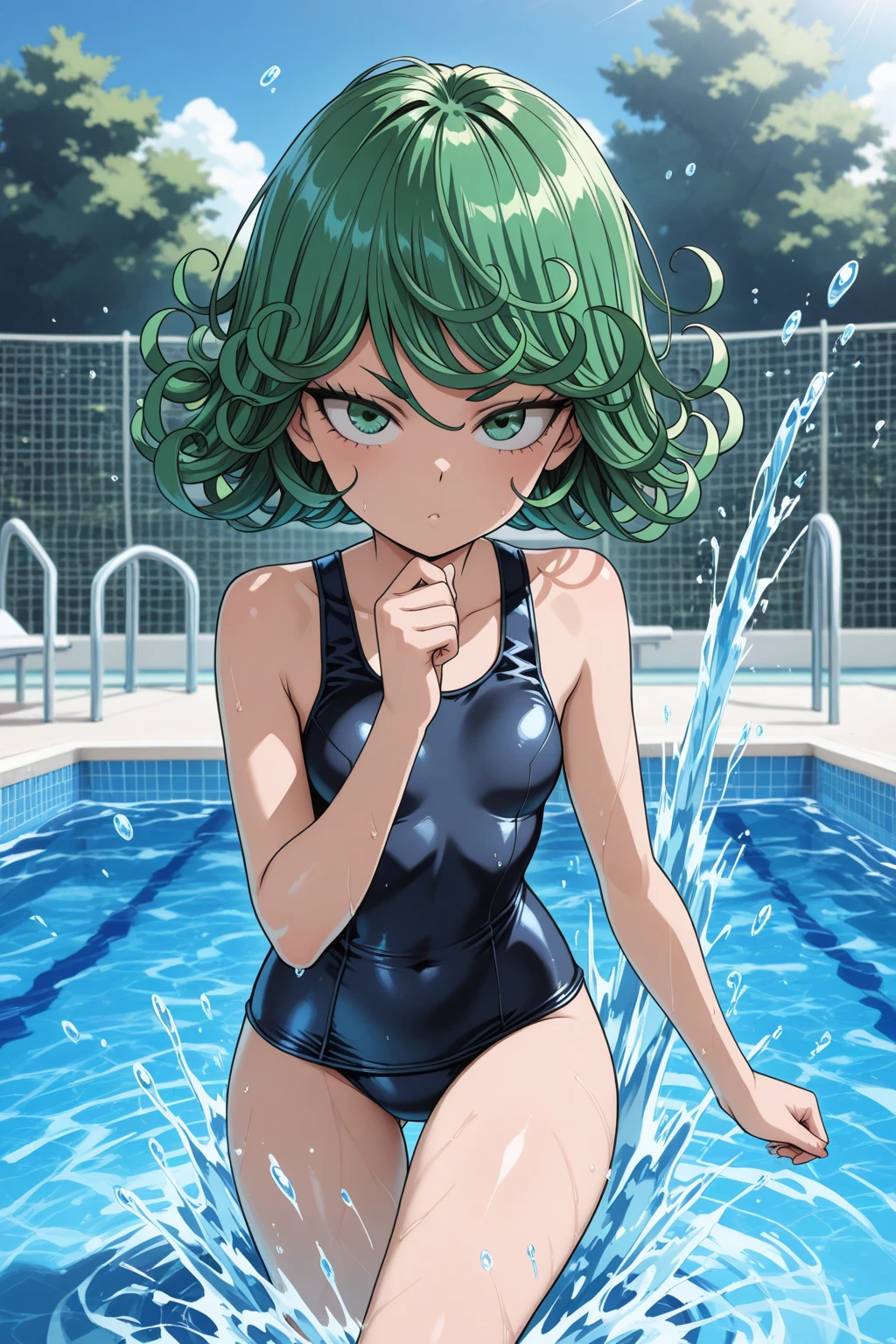 (((masterpiece))), ((Highest quality)), (Very detailed), ((High resolution)), ((8K)), ((Anatomically correct)), One very cute girl, Baby Face, (Young face), (Small breasts), (Tatsumaki), Beautiful nipples, Short Hair, Dark green hair, Letting down your bangs, (Short), (Petite), Charming smile, Emerald Eyes, Best moment, Delicate arms, Detailed skin texture, Intricate details, Very detailedな顔, Beautiful thighs, Beautiful curves, (Sweating), In the pool at night, ((Cute frilly bikini)), (Embarrassed and shy), Fancy decoration, Colorful lights, Love your audience,