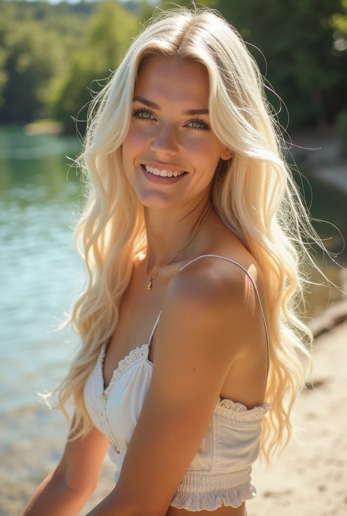 ((insTagram foTo))) Blonde influencer wiTh naTural wavy long hair, Influencer sTehT am STrand, tandis qu'un chien court joyeusement à côté de lui. Die Sonne gehT im HinTergrund unTer, and boTh look relaxed and happy.T, 8k, exTremely deTailed, FoTorealisTisch, komplizierTe DeTails, realisTische HauTTexTur, realisTische Haare, TexTur, joyeux, 8k euh, BesT qualiTy, high resoluTion, DeTailgenauigkeiT, grand , she as only underwear