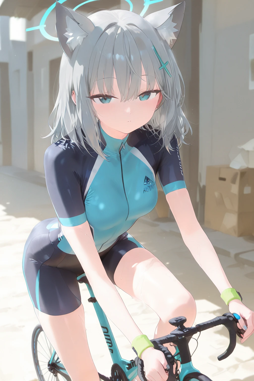 (upper body:1.3),sitting,(wariza:1.5),shiroko, animal ears, blue eyes, grey hair, hair ornament, hairpin, halo, medium hair, wolf ears,
bike jersey, bike shorts, cycling uniform, official alternate costume, short sleeves, sneakers, socks, white socks, perfect anatomy,masterpiece,high resolution, ultra-detailed,game cg,dutch angle ,beautiful detailed eyes,visualart,five fingers, perfect hands, perfect lighting, Noise Reduction,