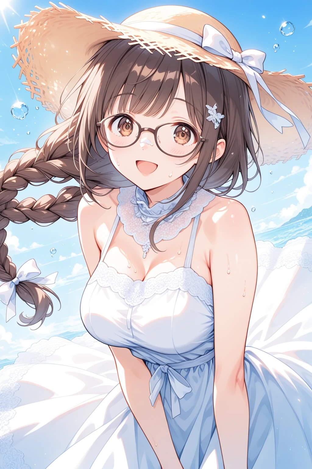 riofutaba, rio futaba, Long Hair, Brown Hair, (Brown eyes:1.5), Big Breasts,Glasses,happy smile, smile, Open your mouth,Off-the-shoulder dress,bare clavicle,Bare shoulders,Bare neck,Long skirt,Cute heeled sandals,Real Summer,Daytime,sunny,whole bodyがイラストに入るように,crowd, people々々々
break outdoors, city,Coastal Road,
break looking at viewer, whole body,
break (masterpiece:1.2), highest quality, High resolution, unity 8k wallpaper, (shape:0.8), (Beautiful details:1.6), Highly detailed face, Perfect lighting, Extremely detailed CG, (Perfect hands, Perfect Anatomy),