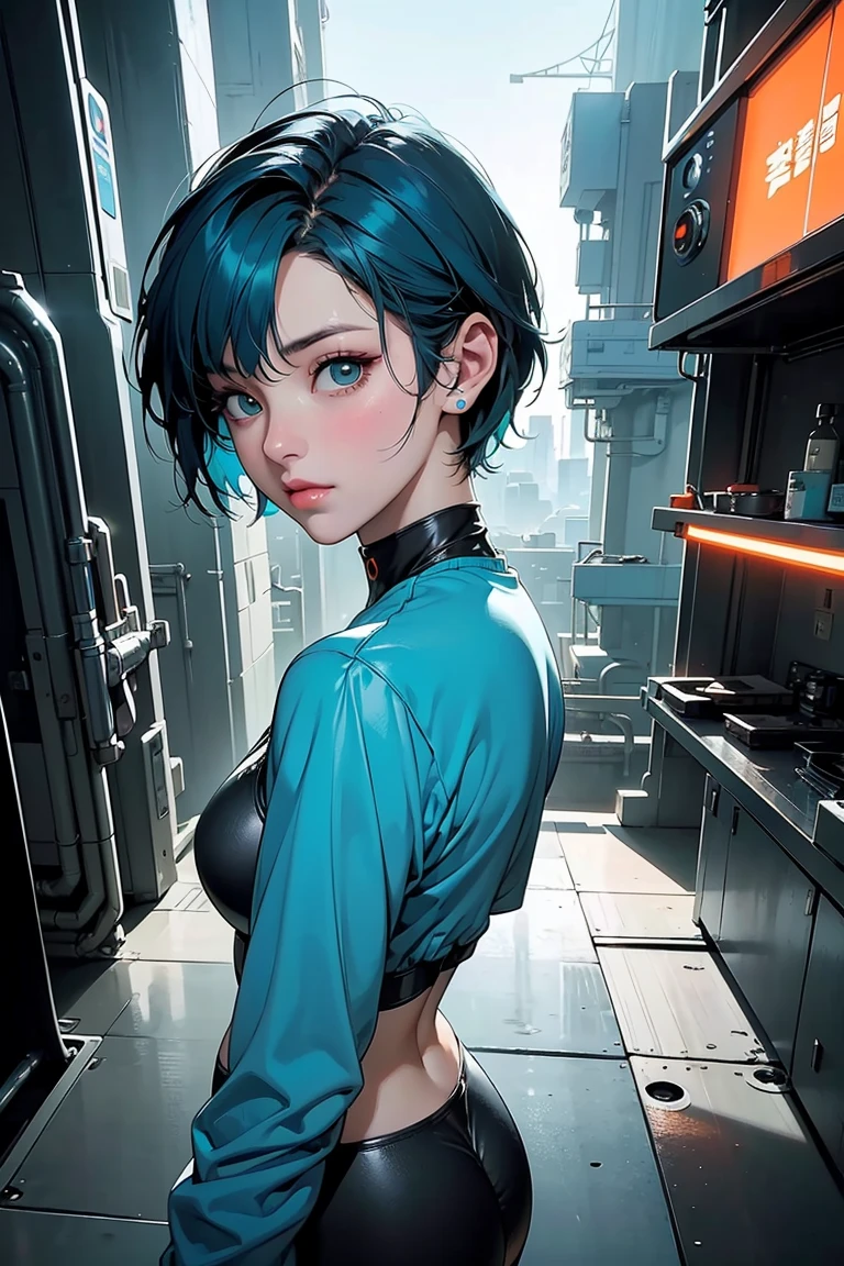 masterpiece, Highest quality, One girl, alone, 23 years old, Adult, Turquoise Hair, Messy Hair, Asymmetrical Hair, Ahoge, Very short hair, Aqua Eye, Medium chest,  Toned Up, 167cm, Pale skin, Glasses, Grin, Olive green shirt, jeans, Abdominal Peek,