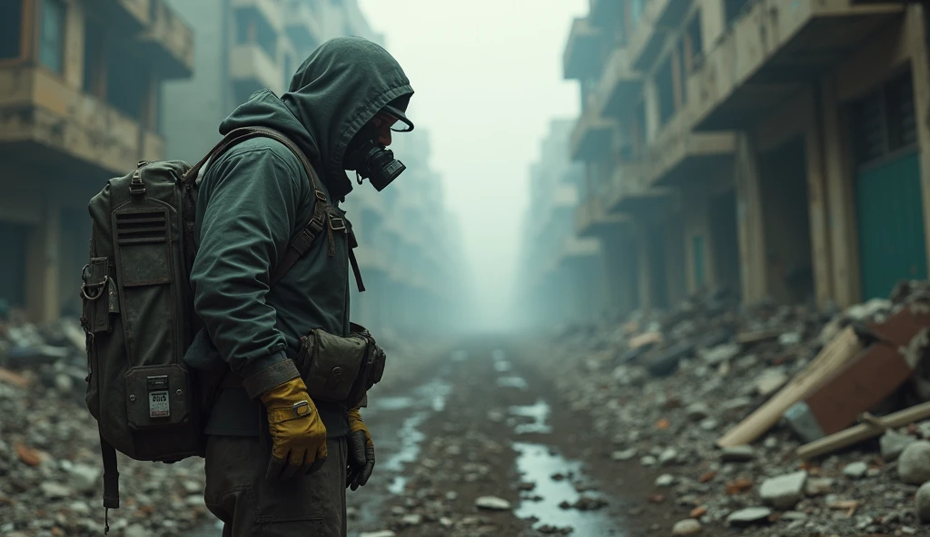 ???, wearing gas mask, lush cloth, polluted air, overgrown building,, post-apocalypse, dramatic, cinematic, detailed, best quality