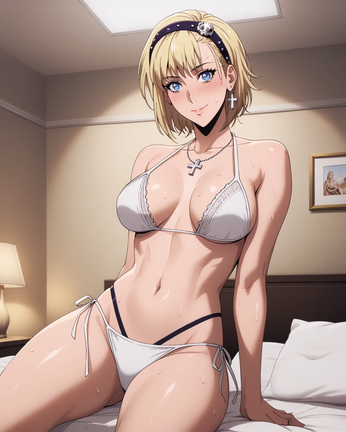best quality, masterpiece, highres, details, realistic, ray_tracing_graphic, solo, adult_female, {saber_fatestaynightufotable:1.15}, blonde_hair, little_ahoge, green_eyes, blue_ribbon, 1girl, anime_coloring, full_body, blushing_face, five_fingers, blush, little_smile, large_breasts, official_white_bikini, blue_straps, from_the_front, sit, bedroom, dark_room, night_time, oily_skin, sixpack_abs, sturdy_body, glow eyes