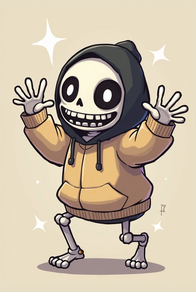 Create a doll , Funny skull, animated style with completely green chroma key background, full body in black clothes, happy, open arms with sweatshirt, closed hands 