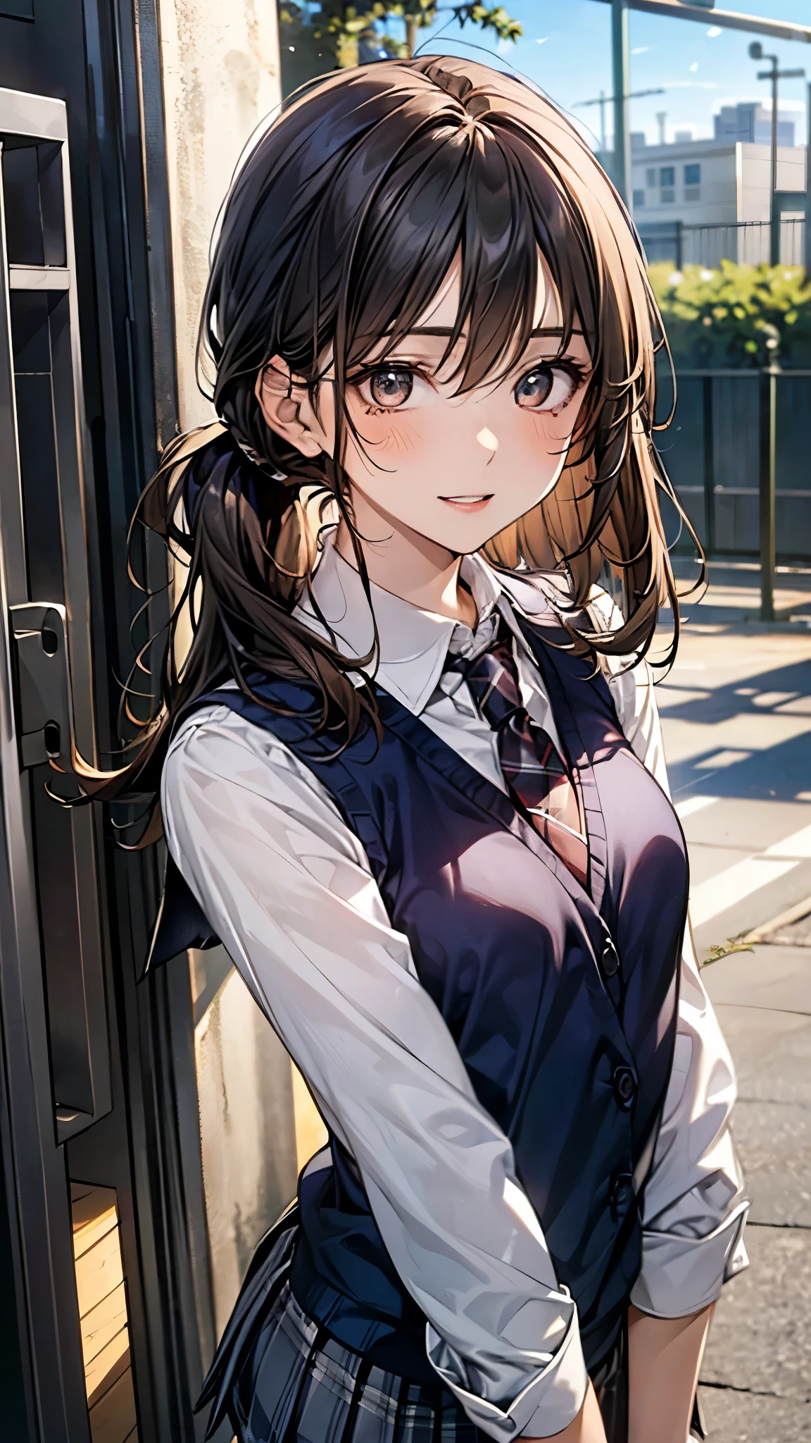 (masterpiece:1.3, top-quality), ultra high res, ultra detailed, (realistic, photorealistic:1.4), beautiful illustration, perfect lighting, colorful, depth of fields,
looking at viewer, (face focus, upper body), 1 girl, solo, hight school girl, gravure model, (large breasts:0.8, large ass, seductive thighs, skindentation),
(long hair:1.2, straight hair:1.2, (saddle-brown colored) hair), swept bangs, (brown) eyes, drooping eyes, big eyes, shiny skin, slender,
beautiful hair, beautiful face, extremely detailed face, beautiful detailed eyes, beautiful clavicle, beautiful body, beautiful chest, beautiful thigh, beautiful legs, beautiful fingers,
(detailed cloth texture, (navy knit vest), grey plaid tie, collared long sleeve white shirt, grey plaid pleated skirt), black socks, white panties,
(beautiful scenery), morning, (outdoors, cityscape in the distance), squatting, (seductive smile, upper eyes, open mouth small),