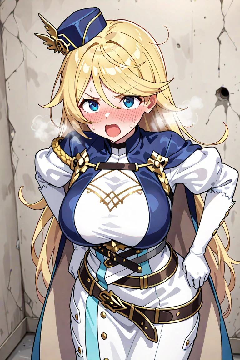score_9, score_8_up, score_7_up, source_anime BREAK 1girl, solo, jainapost, multicolored hair, white hair, yellow hair, single braid, chest strap, cleavage, armor, corset, blue cape, gauntlets, long sleeves, blush, open mouth, big mouth, tongue, tongue out, close up, saliva, uvula, uvula, room, mouth focus, excessive saliva, giantess, room,