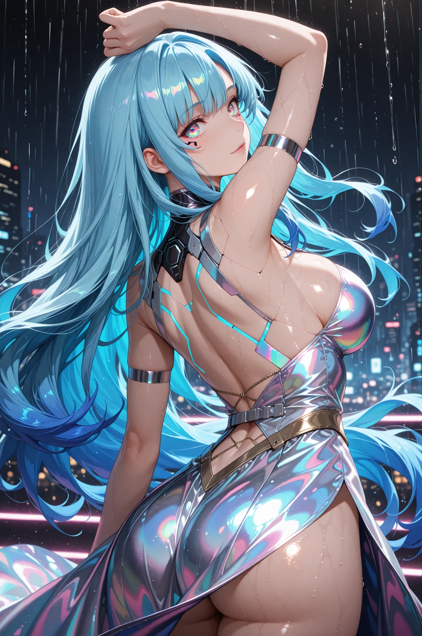 a water goddess, Looks cute, (Silver blue hair streaked glowing blue:1.6), (Gradient dark blue hair ends:1.4), absundly extra long floating hair, hair over one eye, hair strand, (((Illusion aqua blue eyes))), delicate eyes, aqua eyes, like real eyes, (((glowing aqua eyes))), Blue extra gorgeous maxi skirt, wide angle shot, Focus on face, Very detailed facial, sexy body, Random pose, Random expressions, ((Floating in the sky of the city)), (((floating on the water))), (((Hand holding glowing spinning water polo))), (huge liquid circles stand upright floating on the back:2), (((floating blue liquid turn around body))), ((blue magic circle halo on the head)), makeup, light blue nail, aqua earrings, starry night sky, meteor, chiaroscuro, ((glowing light)), (sparkle), ray tracing, cinematic lighting, motion blur, Futurism, anime, best quality, UHD, super detail, masterpiece, highres, ccurate,  textured skin, super detail face, perfect face, Super fine facial details, beautiful and delicate eyes, perfect eyes, anatomically correct, correct limbs, correct figner, super detail figner, best hair quality, best clothing quality, best prop quality, best halo detail and quality, best magic circle detail and quality, complex halo detail