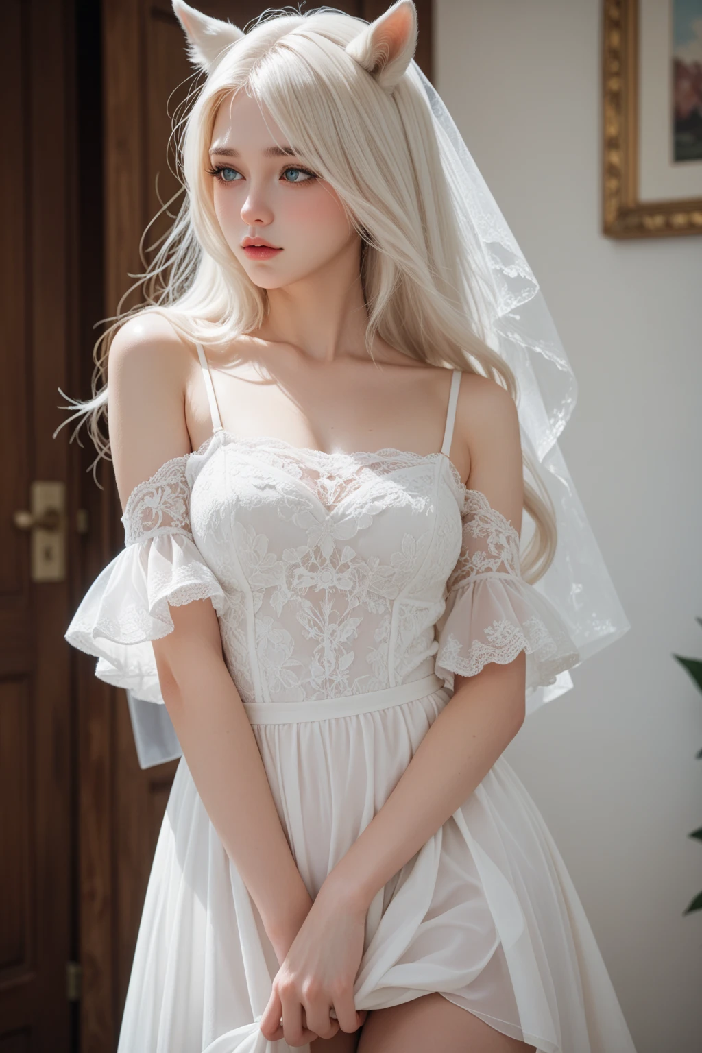 ((European Caucasian Woman))、((Mary, 18 years old))one person、Thin contours、Grey Eyes、Big Breasts、Narrow waist、White and translucent skin、Beautiful, shiny blonde medium-long hair、8-head-tall model style、White lace long dress、Waist-down angle、Tokyo city