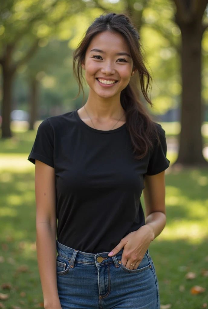 a beautiful black woman with long braided hair, hazel colored eyes, looking at viewer, smile with teeth, wearing a red shirt and black hot pants with a black necklace, gazing softly at the viewer, standing on a beautiful beach background, (best quality,4k,8k,highres,masterpiece:1.2),ultra-detailed,(realistic,photorealistic,photo-realistic:1.37),natta,HDR,UHD,studio lighting,ultra-fine painting,sharp focus,physically-based rendering,extreme detail description,professional,vivid colors,bokeh