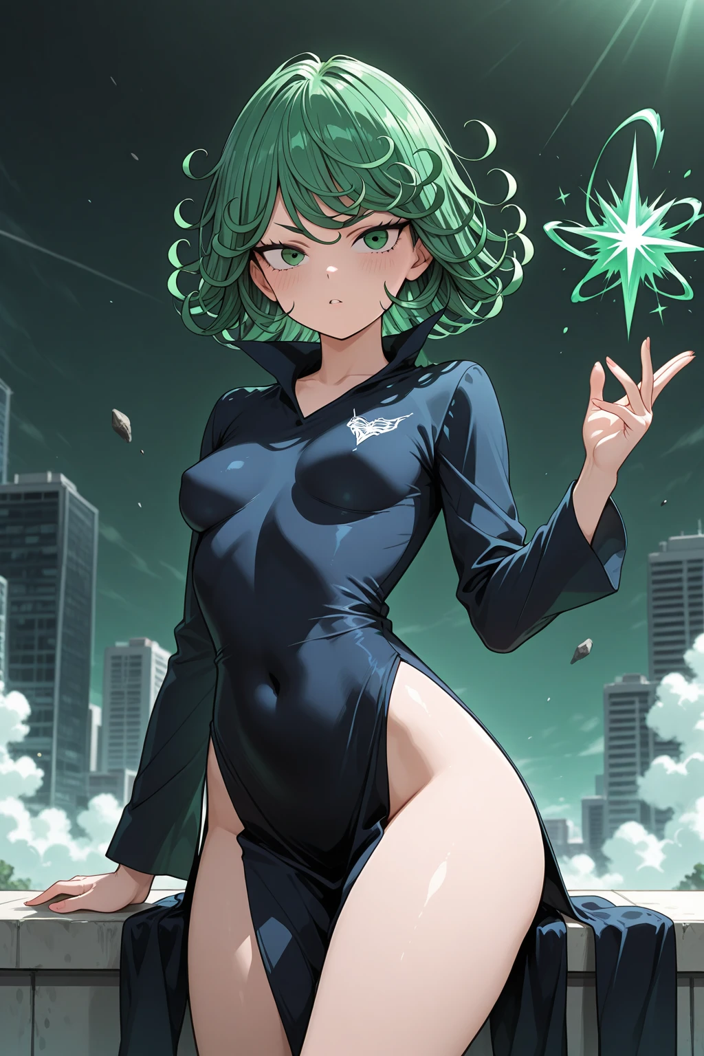 ((1girl)),((alone)), tatsumaki,(masterpiece), (best quality), (ultra detailed), (best illustration), (best shadow), (absurdities), sharp focus, cowboy shot, dynamic posture to the viewer, small breasts, narrow waist, wide hips, horrible thighs, round butt, naked, erotic, romantic, (very detailed eyes, lips 1.1), very detailed eyes, eyes, Very detailed face, Very beautiful face, height full, beautiful slim figure, femininity, expressive appearance, elastic small breasts, increased sexuality, serious look, angry, green eyes, green hair, arms crossed, black dress, long sleeves, bare legs, clouds, defined body, perfect and beautiful body , perfect and beautiful, White micro panties inserted in the crotch. closed mouth, serious expression, (sexy pose: 1.2), ((solo)), standing: 1.3, outside, futuristic cityscape, rainy city, streets, city lights, night, neon lights, looking forward ( (focus on hips), point of view (from below), red blush, perfect ???????, perfect hands,