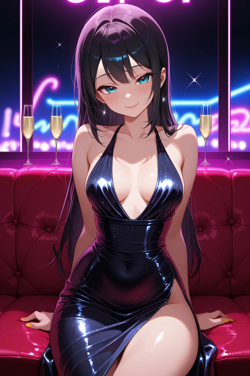 woman, very dark purple hair, purple eyes, long hair, large breasts, very long dress, very tight dress, standing, (wetting herself:1.5), best quality, ultra-detailed, HDR, studio lighting, professional, vivid colors, sharp focus, bokeh, landscape, love hotel, bar counter, night, window, cityscape, colorful city, neon lights, futuristic, science fiction, soft lighting, dynamic shadows, embarrassed, humiliation, blushing, naughty face, seductive expression, facing viewer