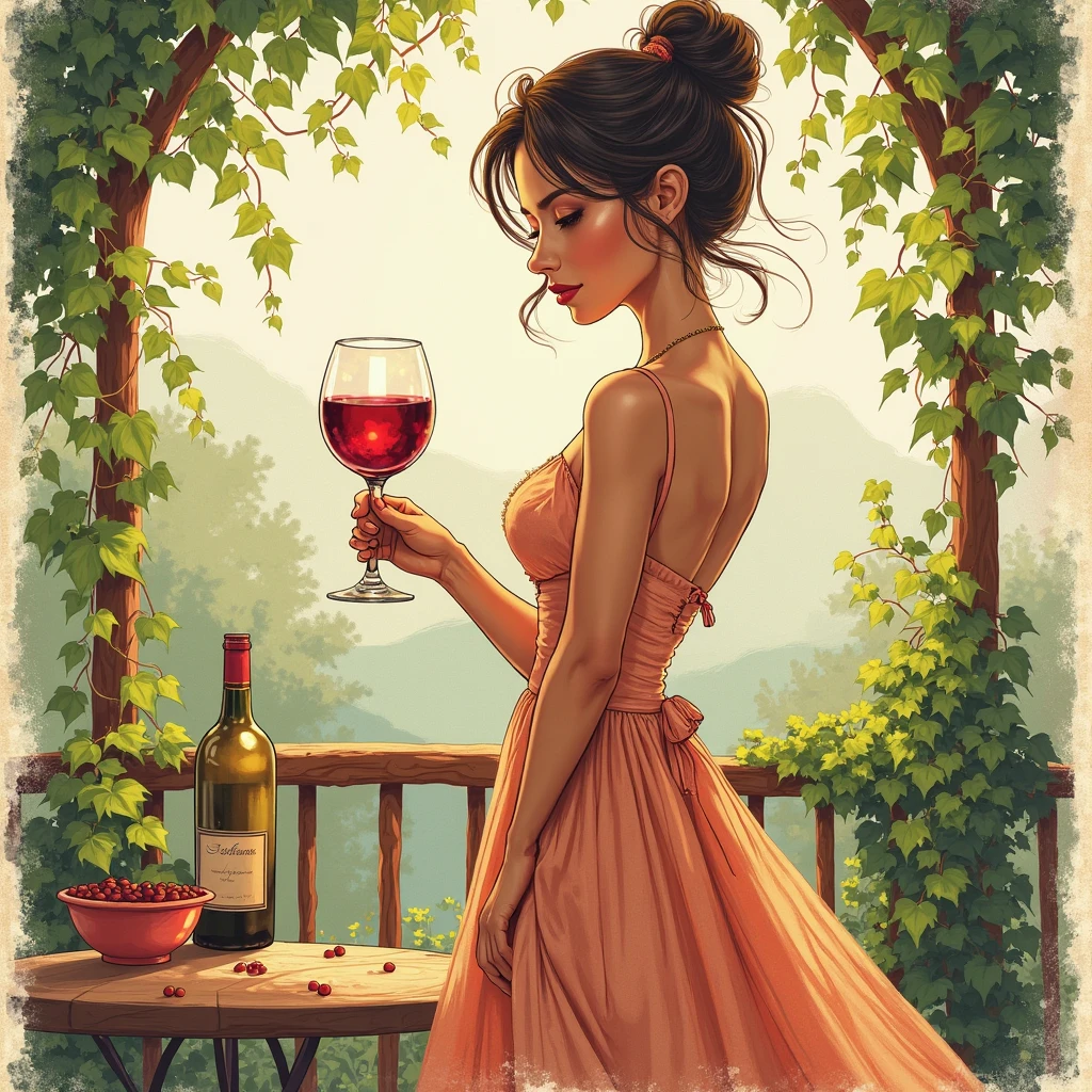a beautiful model with a glass of wine outdoor scene with a setting sun, detailed illustration