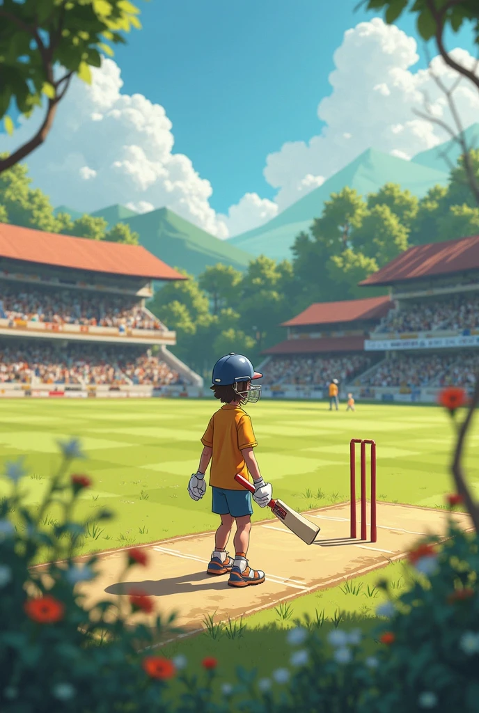 A indian teenager boy playing cricket in stadium