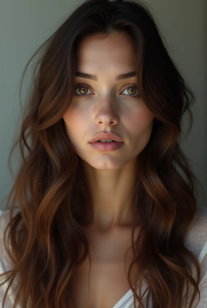 Portrait of beautiful brunette girl identical to Anya Taylor joy