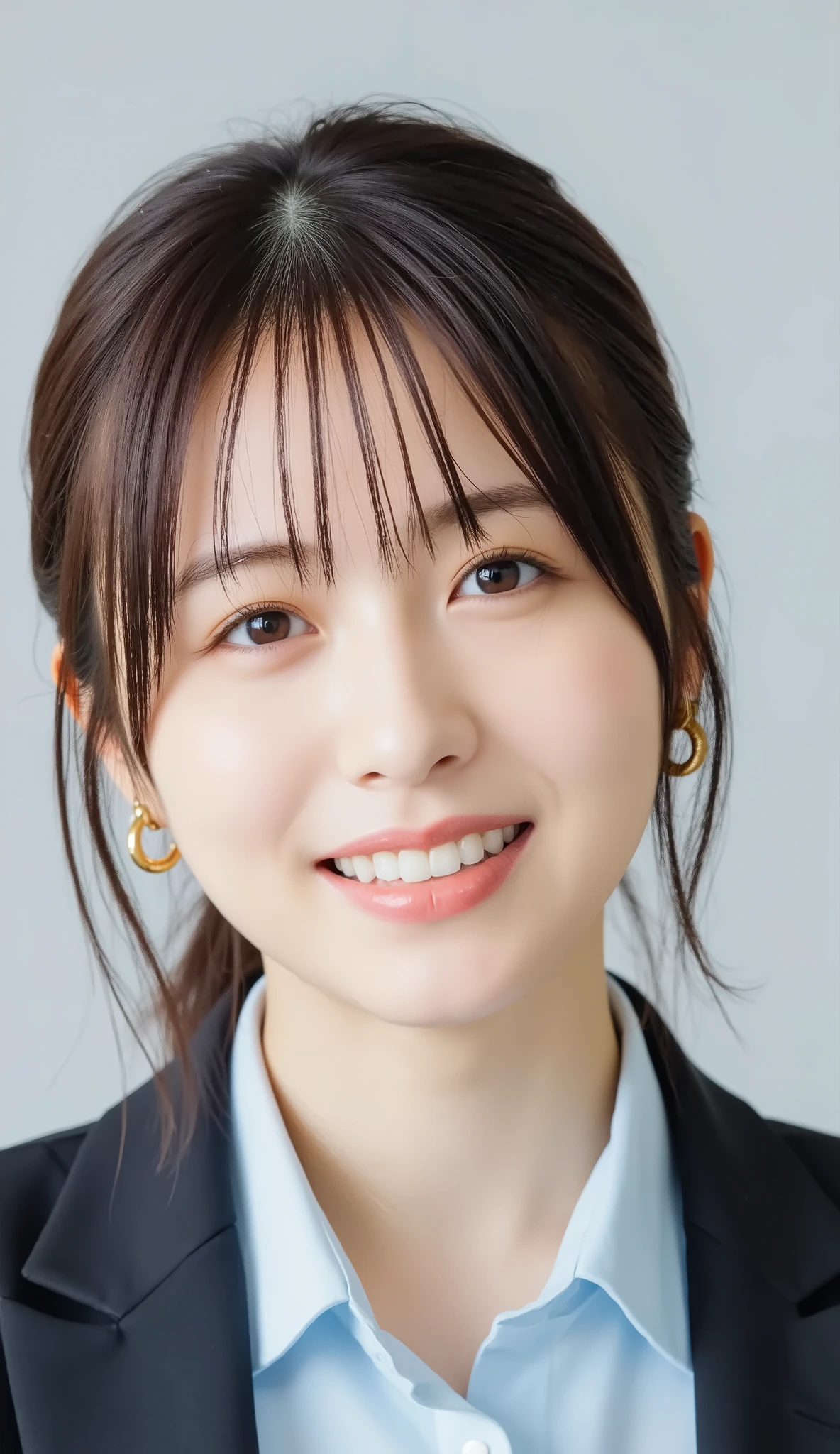 Neat Young Woman、and look at the camera、office lady suit、jacket、shirt、ネックレス、、ear piercing、、smile showing teeth、背景はオフィス
