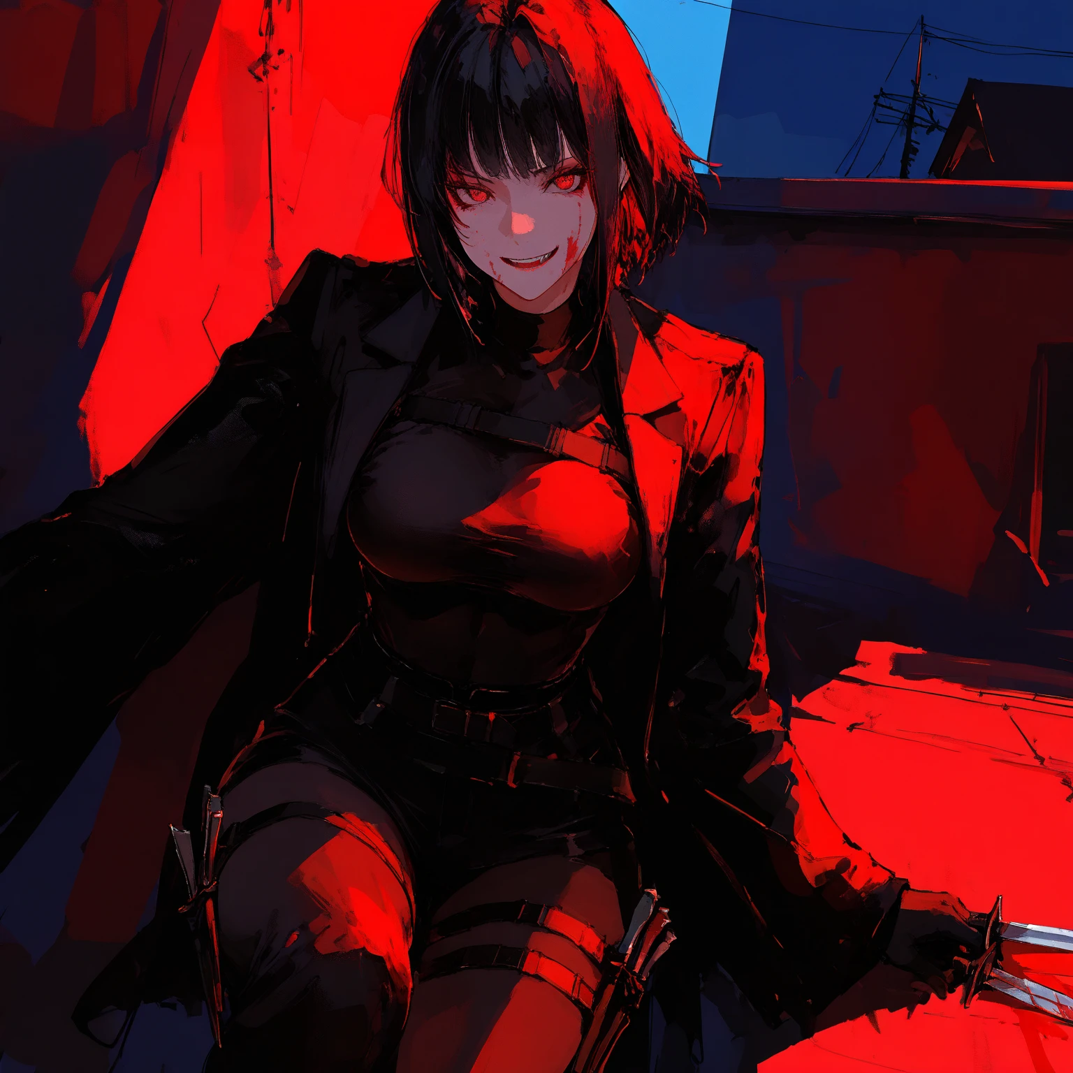 A black-haired girl in flared leather pants and a leather jacket, full body and red background