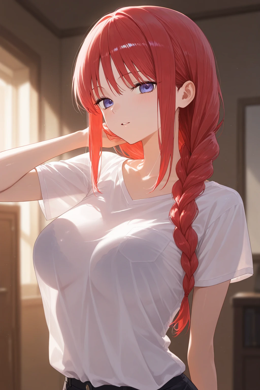Build a Chainsaw Man, Half Body Portrait, Blushing, wearing a Wet shirt, White shirt, Wet shirt, Facial details, Very detailed, Realistic、tall、Large Breasts、Broad shoulders、Provocative