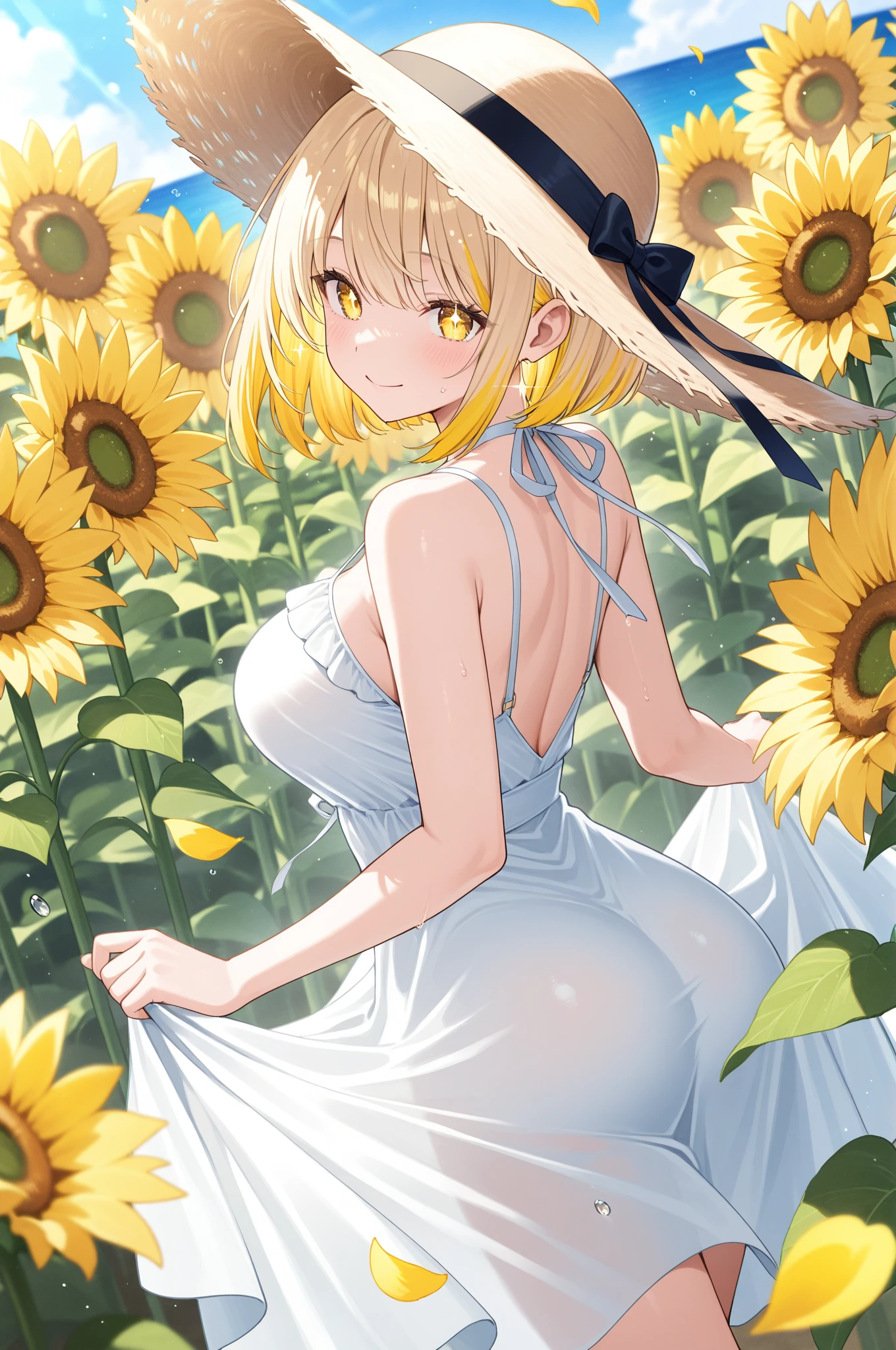 1 girl, (((raised high huge round buttocks))), Wide A sunflower field in full bloom,Back view of a woman in Translucent white thong (underwear),long shot,wide view, commercial photography,award-winning photograph,(photorealistic),unity 8k wallpaper,(ultra detailed:1.3),(light_on_face:1.4),CanonEOS 5D MarkIV DSLR