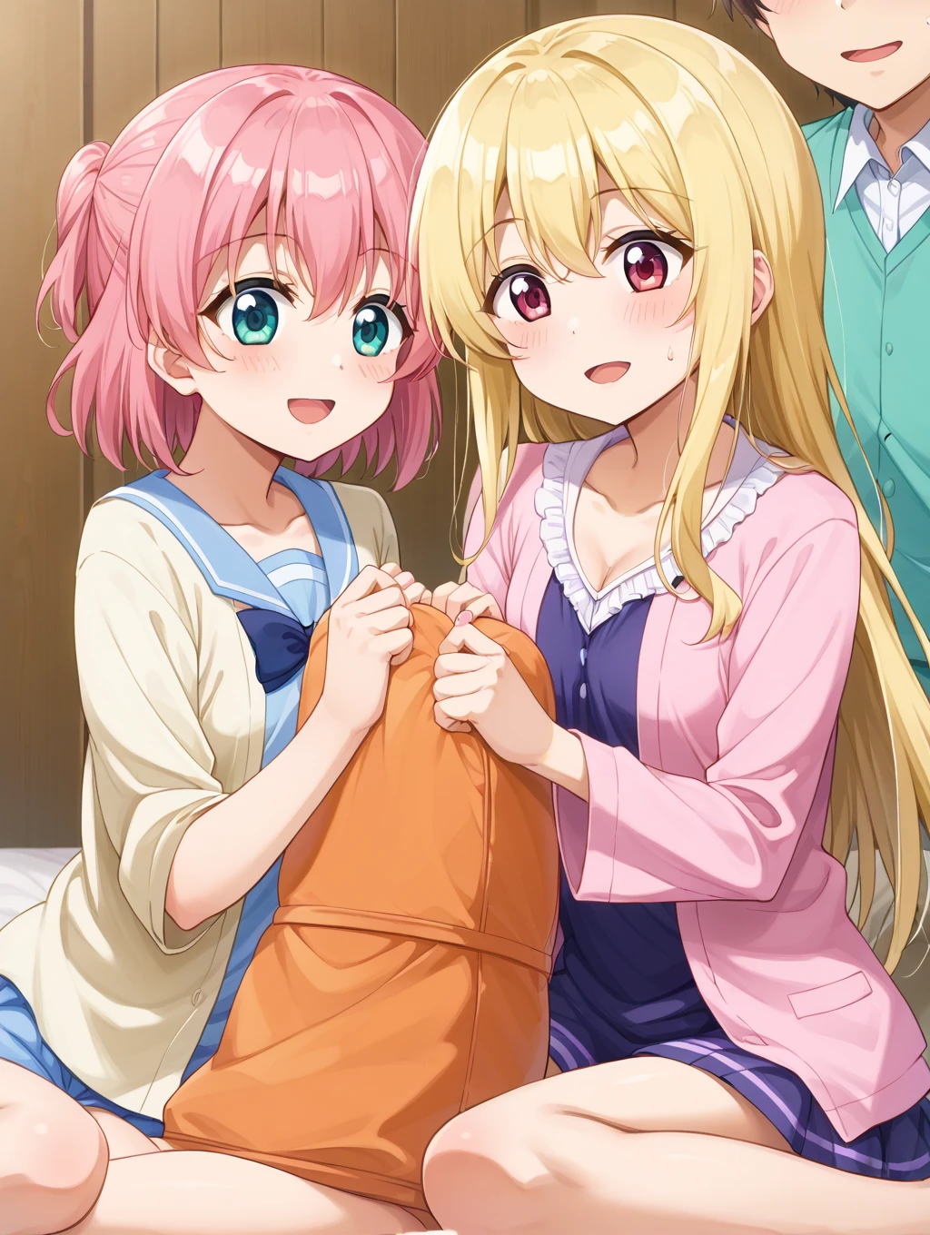  3 girls,  triplets. Are stand, medium Hair, long hair, ponytail, pink hair, purple eyes, blue eyes, red eyes, cute white underwear, cute white dress, smile, 恥ずかしい, angry, (cowboy shot), (((showing underwear))), (((skirt lift by myself))), ((from front)), ((32K)), ((best quality)), ((ultra high res)), ((HDR)), ((uhd)), ((extremely detailed CG)), ((unity 32K wallpaper)), ((perfect anatomy)), nsfw, 